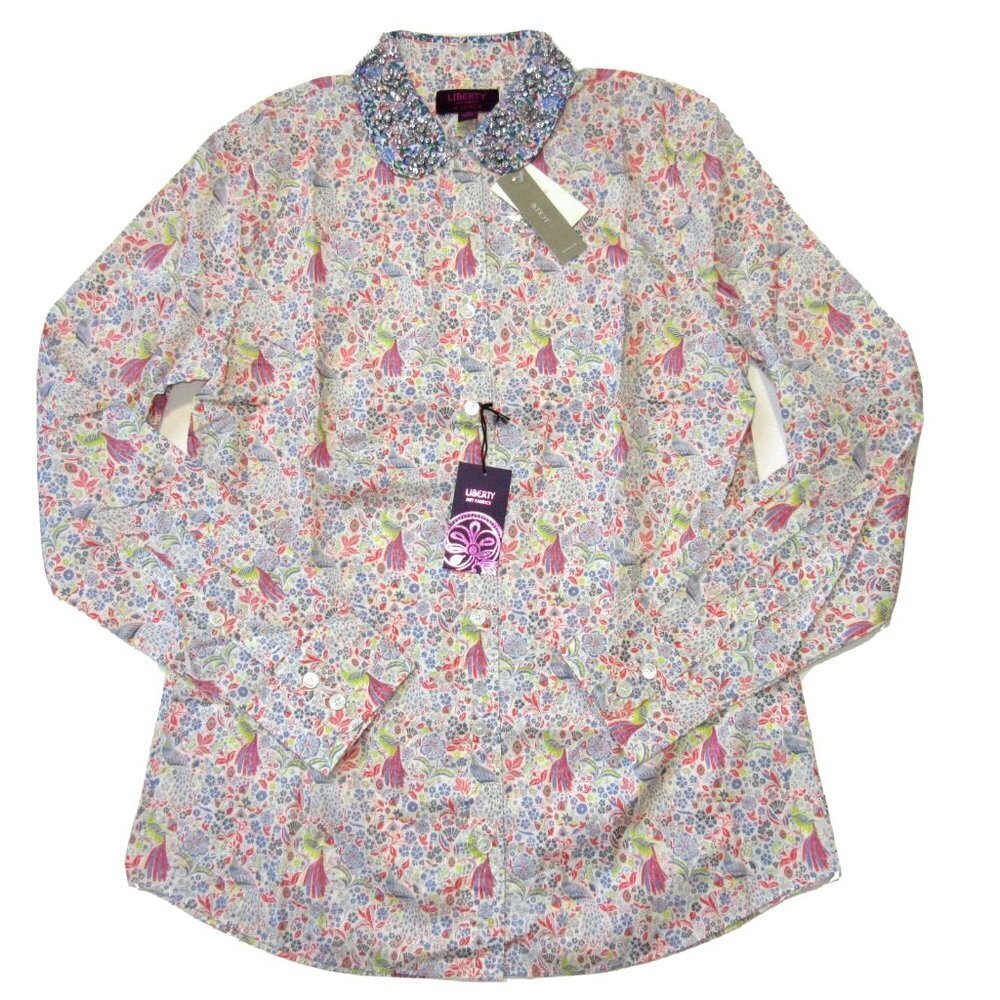 NWT J.Crew Liberty Jeweled Collar Shirt in Junos Garden Peacock Floral 4 - Picture 2 of 6